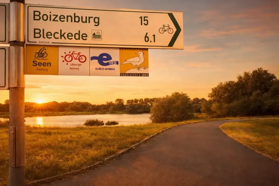 Radwegweiser am Elberadweg Richtung Bleckede im Abendlicht